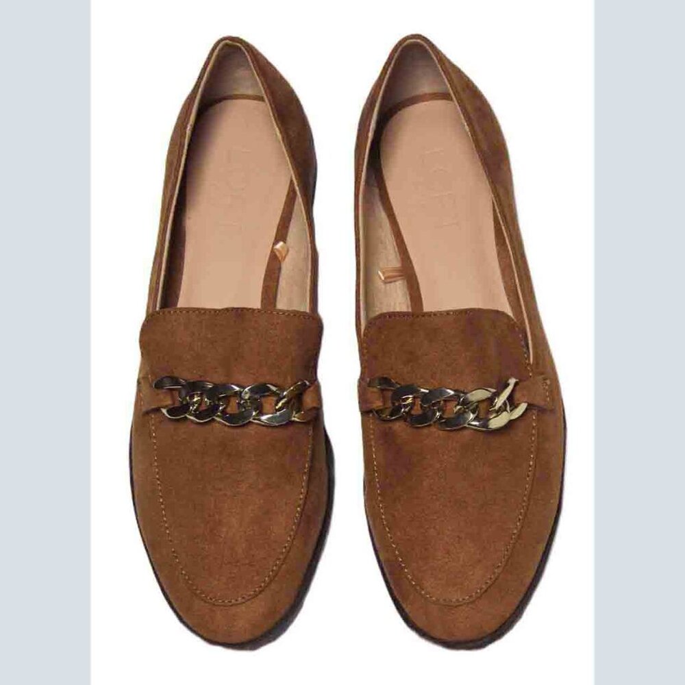 ANN TAYLOR LOFT Hardware Embellished Fabric Suede Loafers Brown Shoes Size 6M - Picture 2 of 4